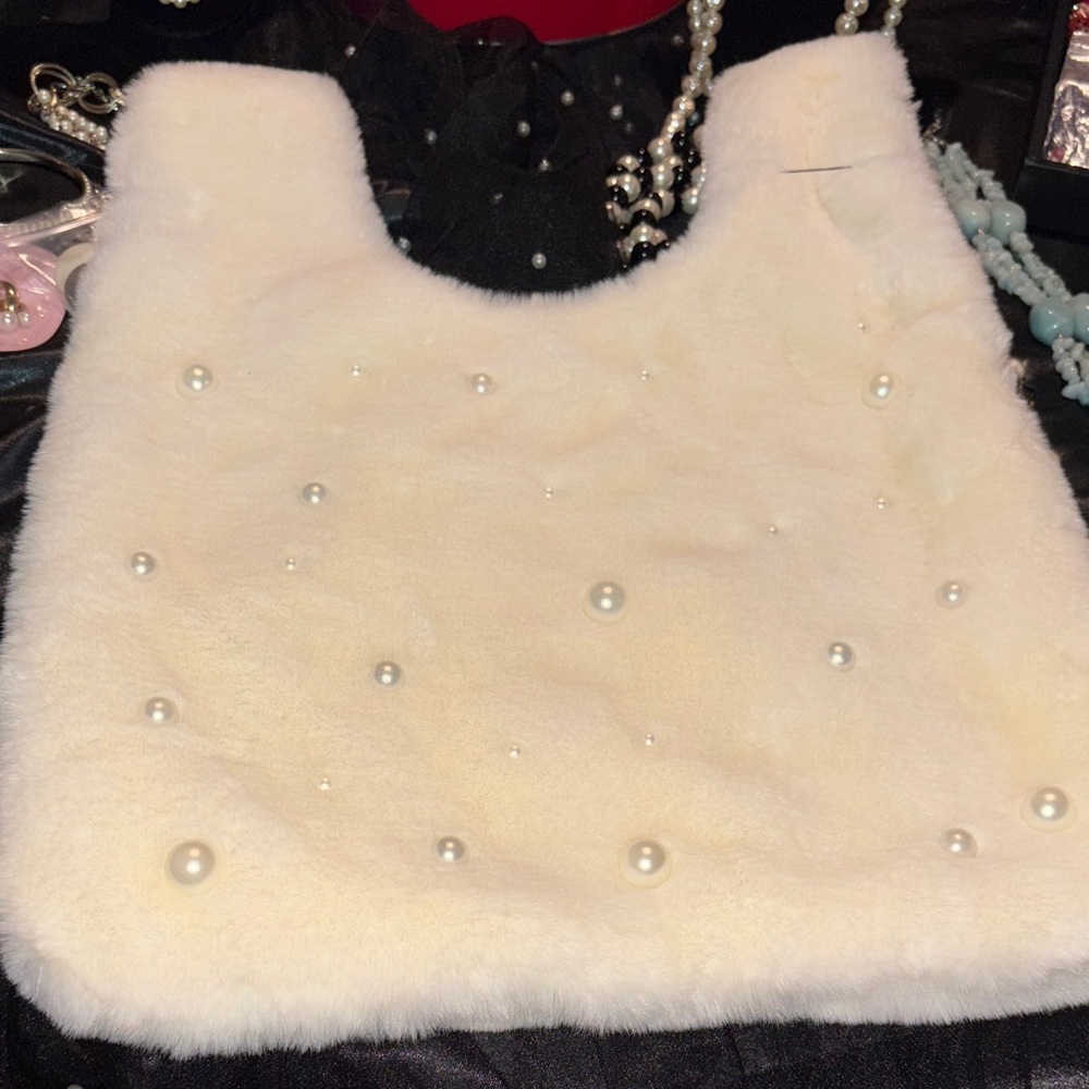 Faux Fur Handbag Adorned with Pearls